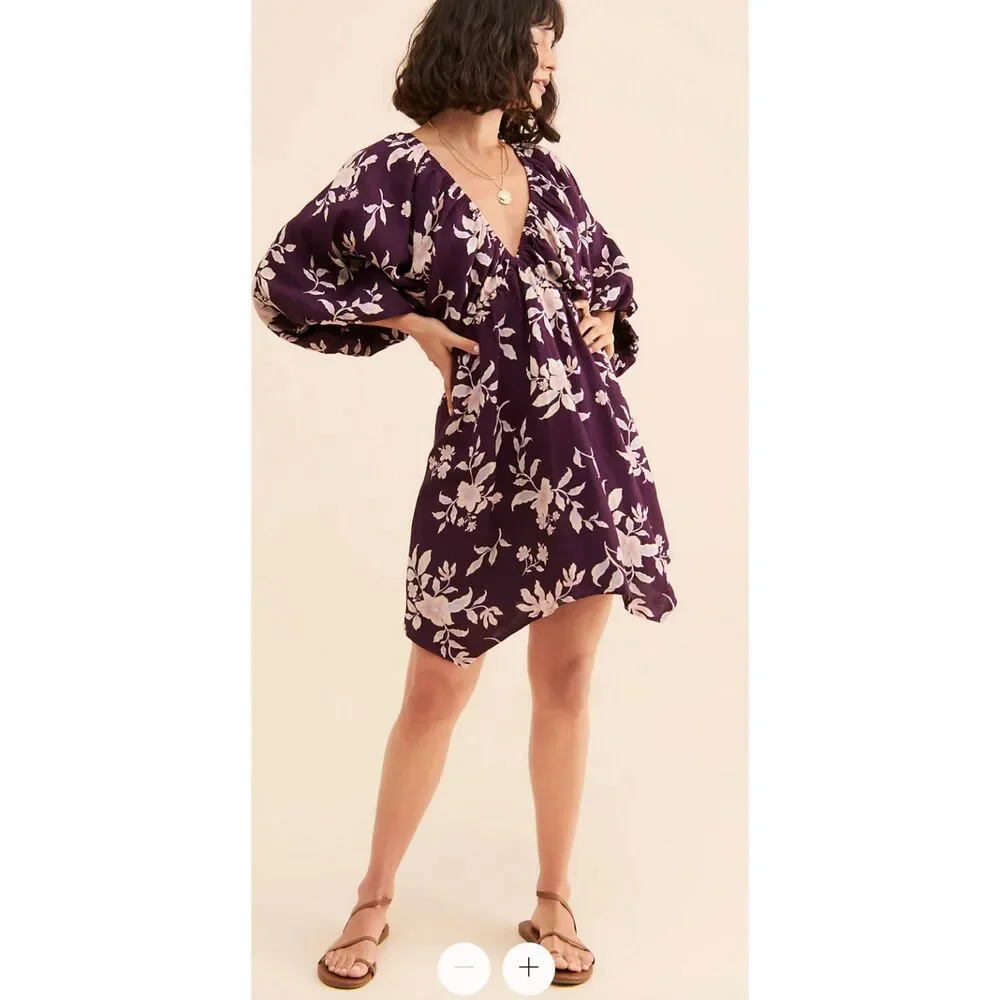 Free People Portia Printed Mini Dress Womens Small Purple Floral Linen Blend NWT